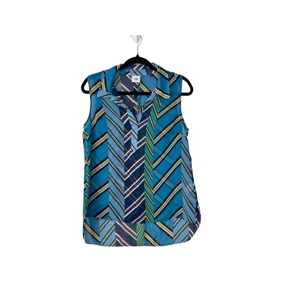 CAbi Tops - Cabi Ascot Sheer Sleveless Blouse, Hi-Low Hem Chevron Print Multicolor Size S